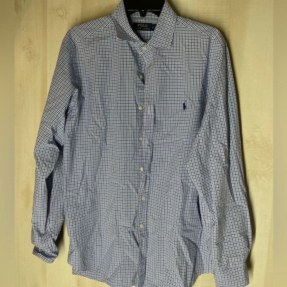 Polo Ralph Lauren navy blue white checked long sleeve button front shirt, large